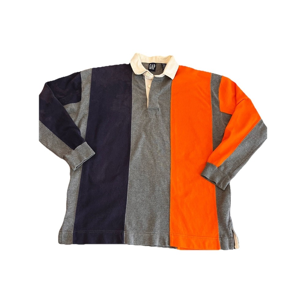 VTG GAP Rugby Shirt Long Sleeve Polo Orange Gray Blue 90s Retro Preppy Mens Sm